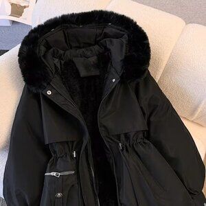 Women's Cozy, Windproof Jacket with Faux Fur Hood in Black
